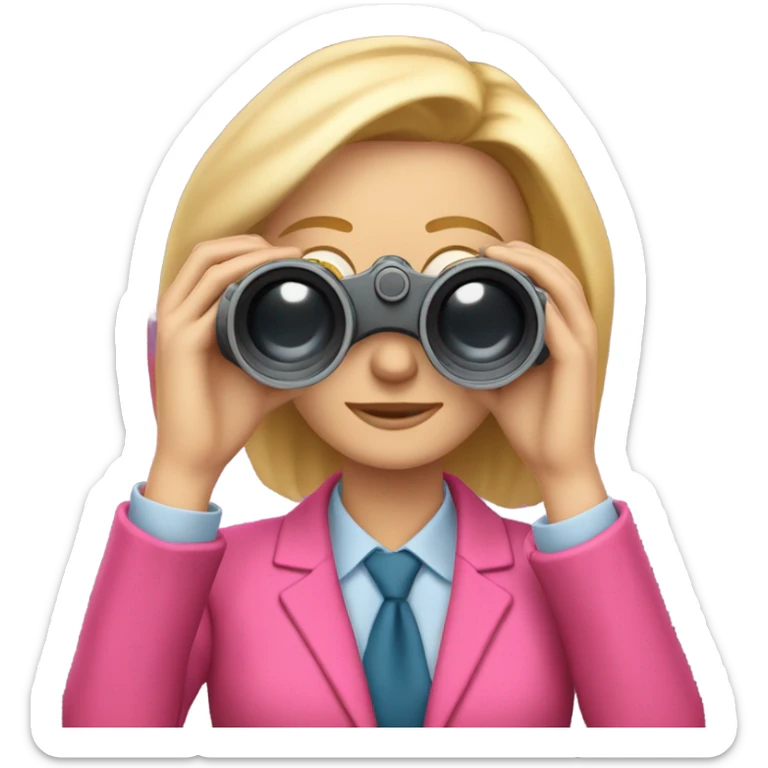 white female employee with loose blonde hair wearing intensive color pink suit looking in binoculars sticker