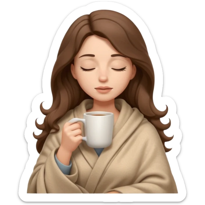 emoji-style illustration of a pretty relaxed woman with long wavy brown hair, wrapped in a cozy beige blanket, holding a mug cup, eyes closed, sad and a bit anxious expression, soft 3D cartoon rendering, warm and comforting mood, plain background
 sticker