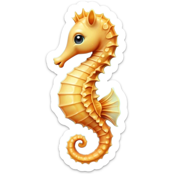 Cinematic Cute Sea Horse Portrait Emoji, Head tilted playfully and inquisitively, featuring a charming, slender form with a delicately curved body and a whimsical, curled tail, accented by round, sparkling eyes full of gentle wonder, Simplified yet irresistibly adorable features, highly detailed, glowing with a warm, inviting aquatic glow, high shine, affectionate and lively, stylized with a touch of enchanting marine charm, soft glowing outline, capturing the essence of a mischievous yet loving sea horse that seems as if it could float out of the screen into your arms! sticker