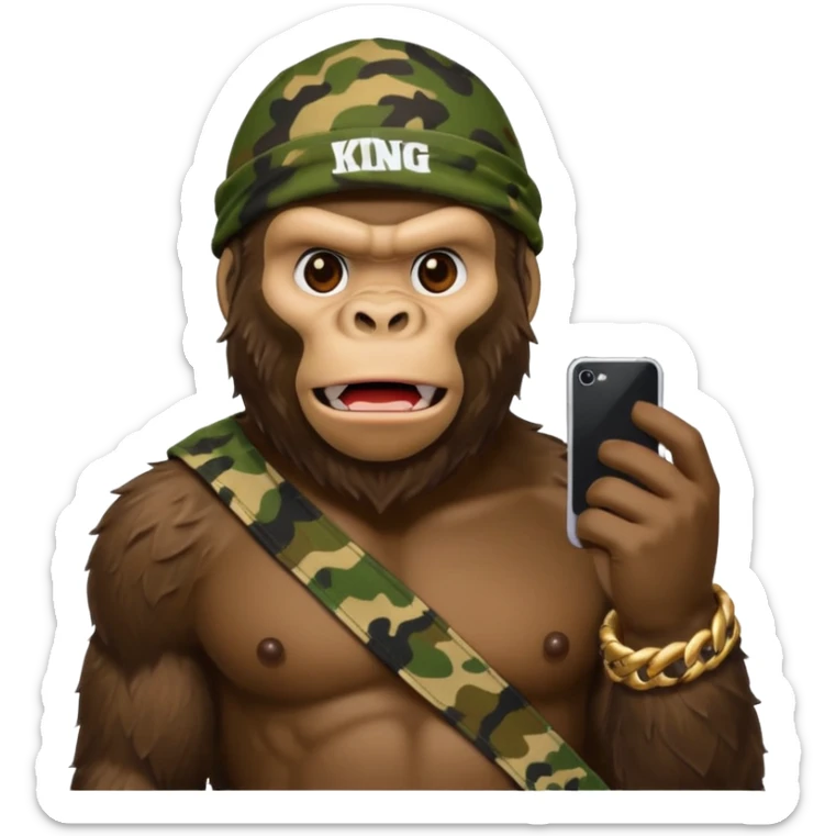 King Kong with a cell phone emojie wearing a camouflage bandana sticker