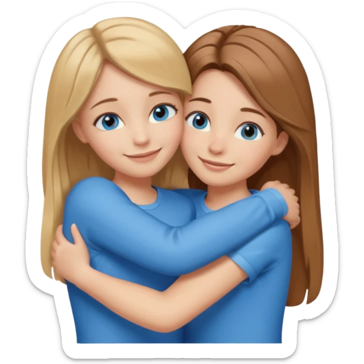 two Girls, Brown and Blonde hair, with Blue Eyes hugging one has Brown hair cute Hug  sticker