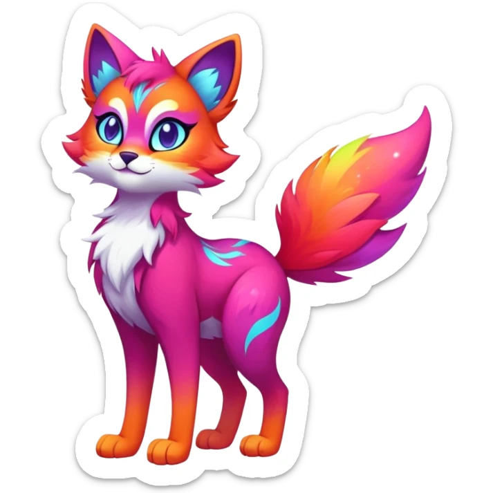 Vibrant multicolored neon-colored Falvie-Fionbri-creature-sparkle-feline-fursona, full body sticker