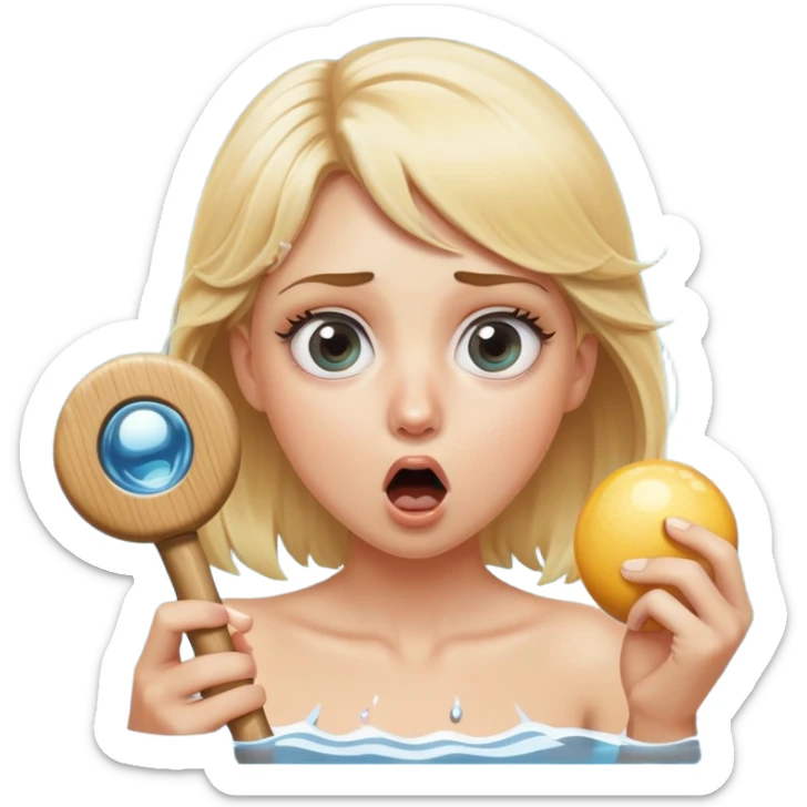 blond woman with wide eyes, holding a wide skin-colored stick with a round knob, both matching her skin tone, the knob has skin texture, water squirting from the knob into her mouth, shocked face sticker