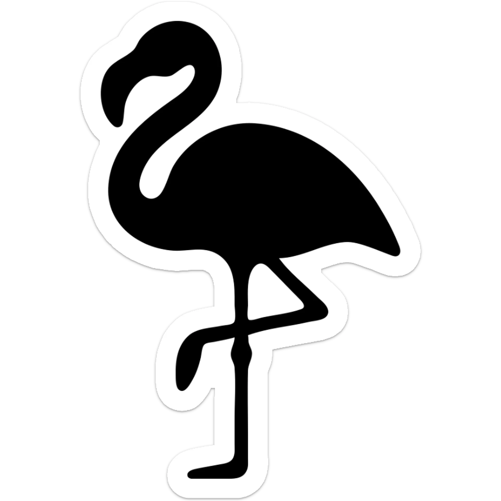 A flamingo standing on one leg with its long neck curved gracefully. The bird has a distinctive hooked beak and is shown in profile. sticker
