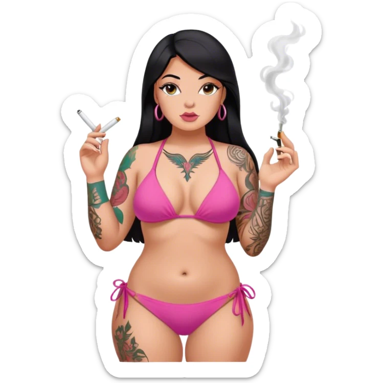 caucasian curvy body girl, with tattoos, in pink bikini, smoke, with a long straight black hair  sticker