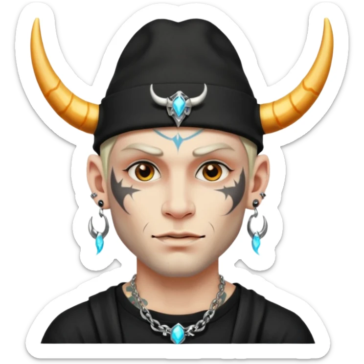 white skin Rock-style man — piercings, glowing tattoos on face, black hat with horns sticker