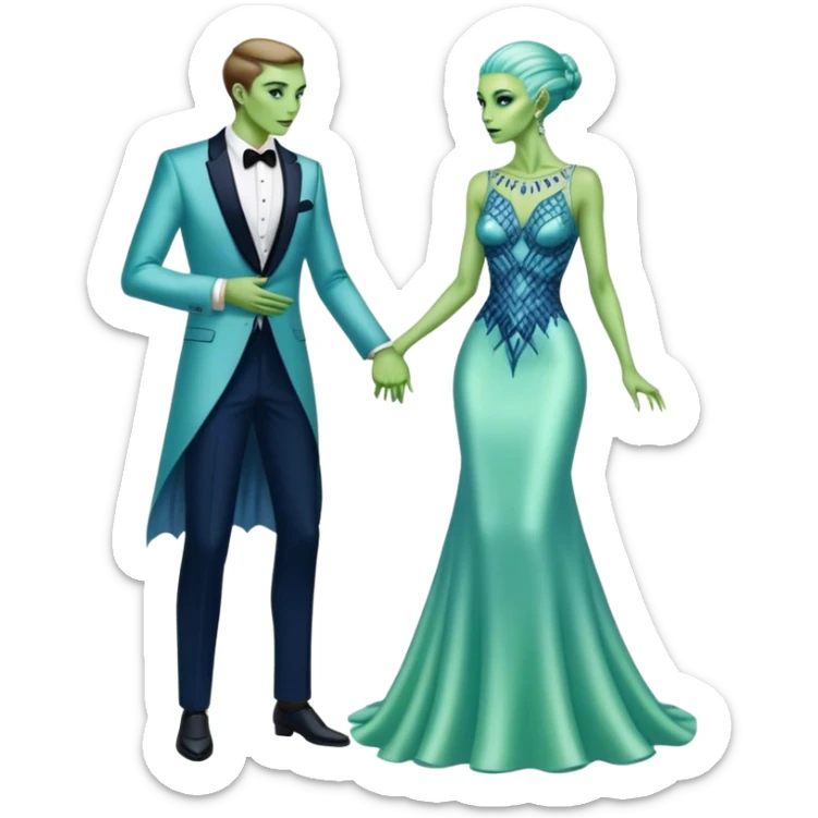 alien reptilian green skin woman, in long slim pastel blue formal party satin dress with gradient shiny sparkling navy blue diamonds embroidered , and caucasian man in black dres on his knees asks her to marry her sticker