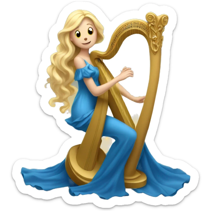 A long-haired blonde fairy in a blue dress plays the harp sticker