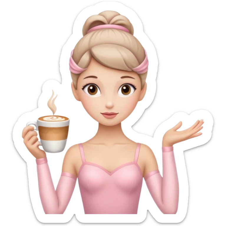 A ballerina with a cappuccino coffee cup head with girly face and pink ballet outfit sticker