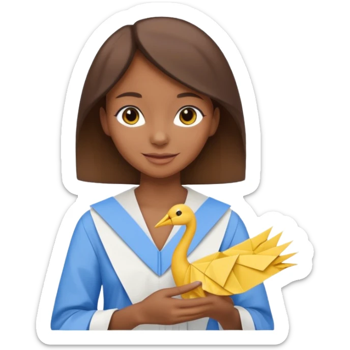 happy-african-young-girl-with-brown-hair-in-a-white-kanga-shirt-holds-an-origami-yellow-and-blue-crane sticker