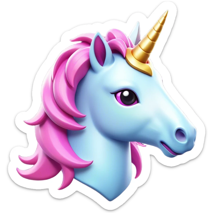 Clash of Clans aesthetic: Cinematic Playful Unicorn Mount Emoji, rendered in a 3D vector-style similar to standard emojis with minimal shading and bold, simplified shapes. A compact, isometric majestic unicorn with a spiraled horn and flowing mane, softly glowing with a magical celestial charm. Simplified yet unmistakably iconic, highly detailed and consistent, glowing with a soft radiant brilliance and high shine. Stylized with a touch of enchanted fantasy and a soft glowing outline, capturing the essence of a mythical mount with a friendly, playful elegance! sticker