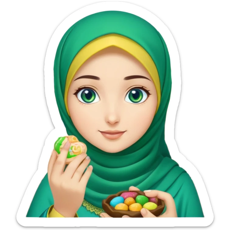 Turkish beautiful finish Konya girl blue eyes with green emerald yellow hijab islamic dress and had on her hand text Eid Mubarak with sweets and celebrating with her friends eid days   sticker