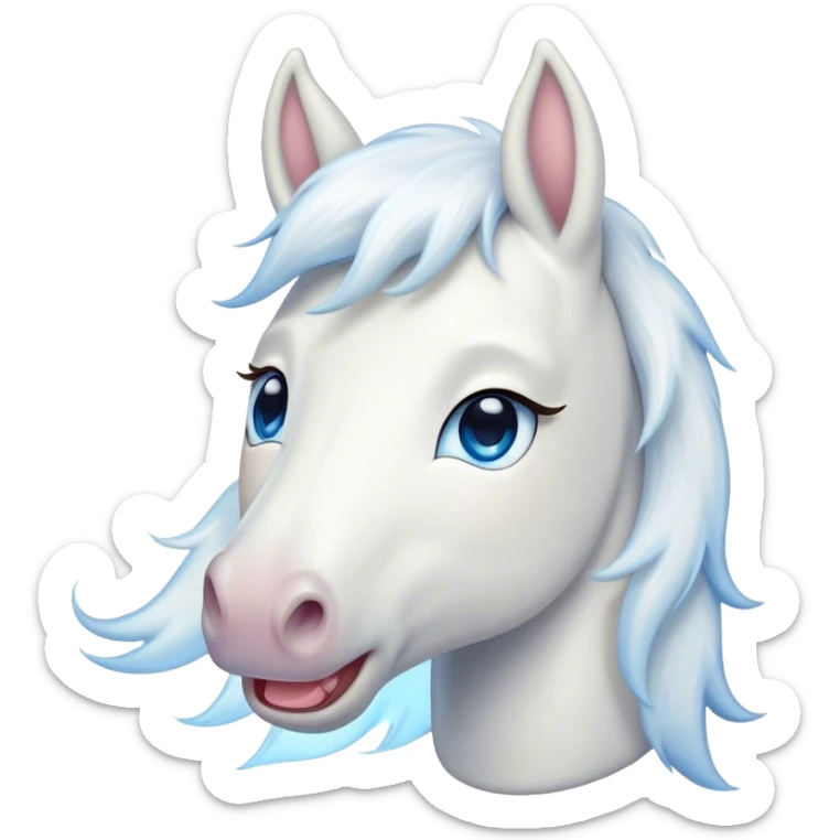 Cinematic Cute Yawning White Horse Portrait Emoji, Head tilted slightly with a dramatic, wide-open yawn, revealing a soft white fur with a subtle shimmer, floppy ears slightly drooping, round blue eyes barely open in drowsy contentment, Simplified yet irresistibly adorable features, highly detailed, glowing with a soft, cozy glow, high shine, relaxed yet expressive, stylized with a touch of whimsy, bright and endearing, soft glowing outline, capturing the essence of a sleepy yet affectionate horse, so drowsy it feels like it could stretch out of the screen and curl up for a nap! sticker