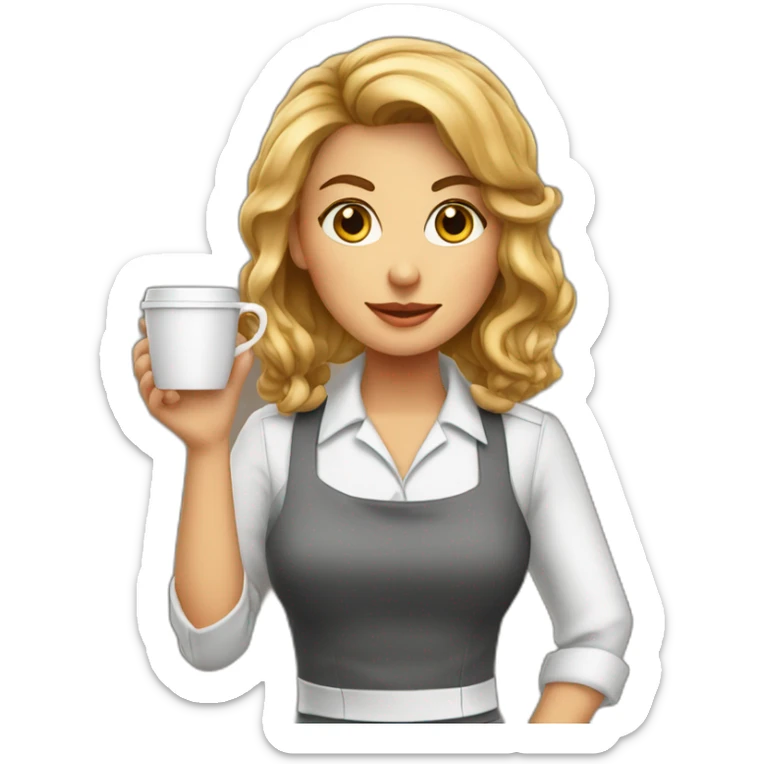 Smocking Female barista wear uniform and stand near coffee shop with cup of coffee sticker