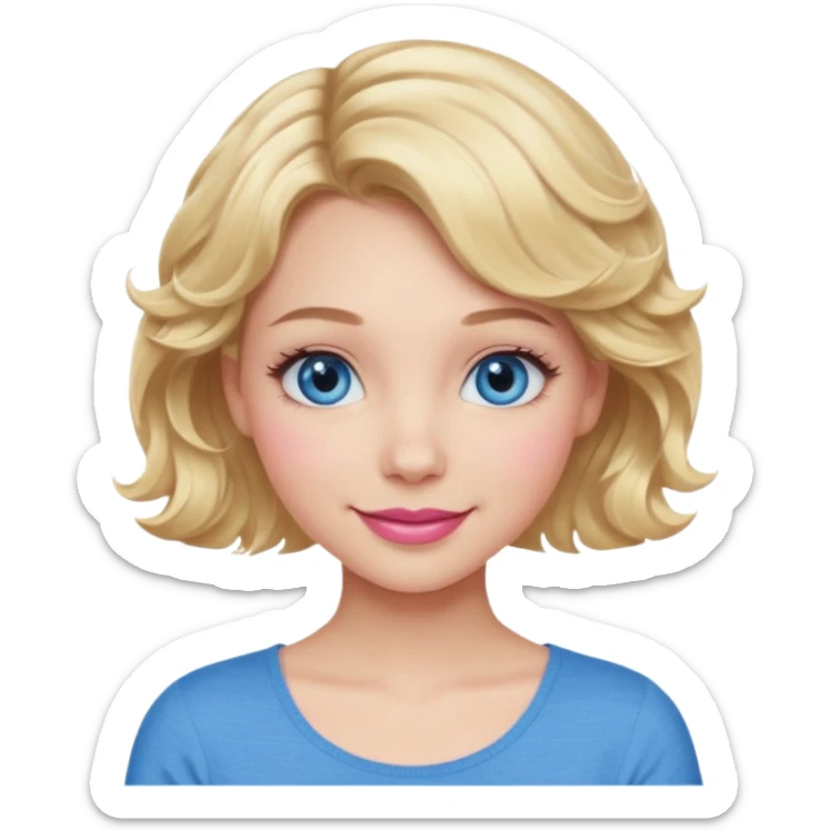 Girl Blonde short wavy hair,  blue eyes, cute blue top, long lashes, pink lips, 👄  sticker