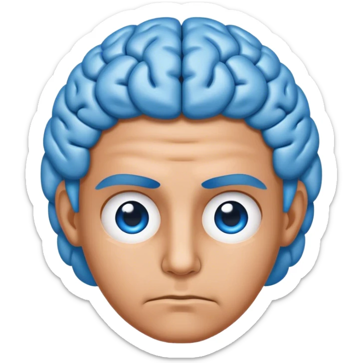 All blue adult person face emoji with a brain for hair and serious expression sticker