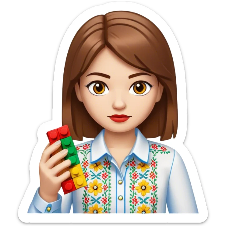 A Ukrainian girl with brown hair in an embroidered shirt holds Lego bricks sticker
