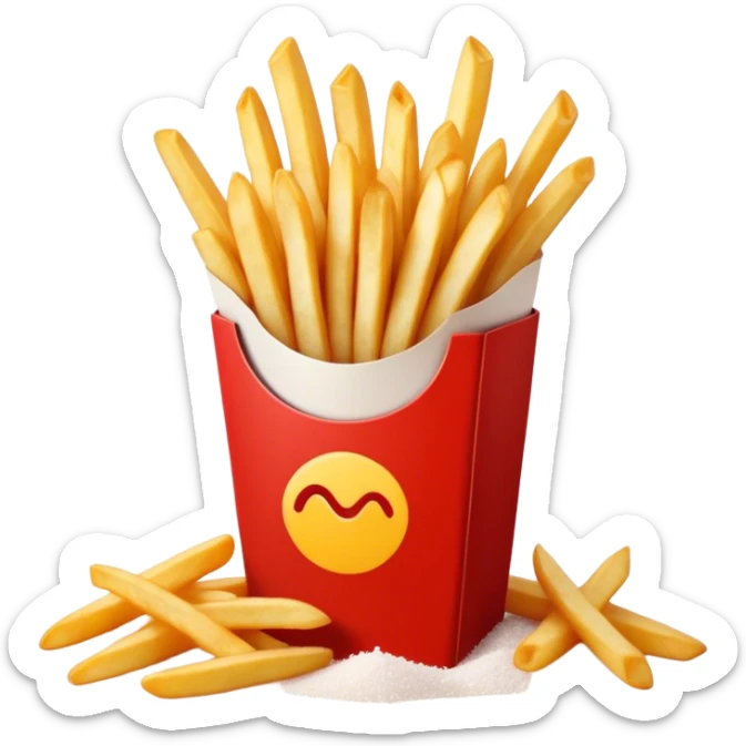 Cinematic crispy golden French fries, piled high, sprinkled with salt, served in a red carton, warm and inviting, rich golden hues, perfectly crunchy and delicious. sticker