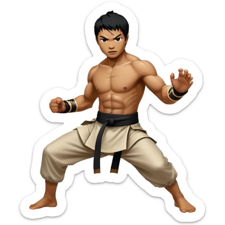 Tony Jaa – Cinematic Realistic Portrait of Tony Jaa, depicted as a dynamic martial arts warrior with intense eyes and a powerful stance in traditional Thai fighting attire, rendered in mid-motion with dramatic lighting and high-detail textures that capture his raw physicality and grace. sticker