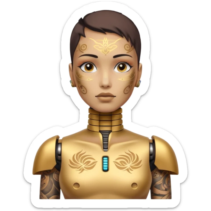 gold Tatooed robot with rada, big many tatooes on chest, neck and face, white tatoo on face sticker