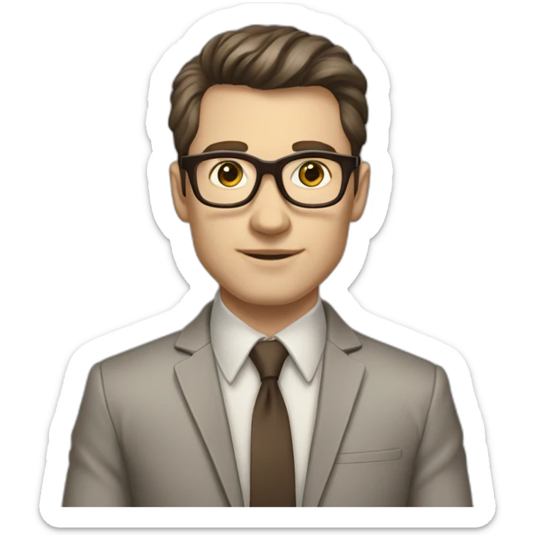 in front of a marker board Pale skinned fit man with dark brown hair in gray jacket, beige office shirt, brown tie, brown pants and vintage glasses. sticker