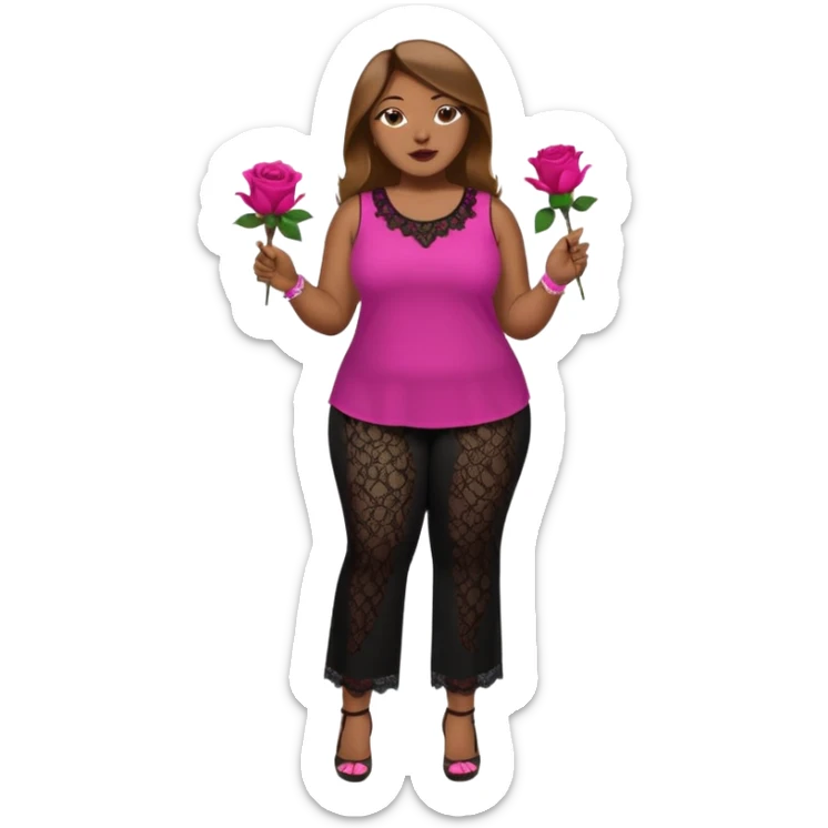 A plus-size Black woman with long, straight, light brown hair is wearing a fuchsia sleeveless shirt and black lace pants. She is standing with fuchsia-painted nails and is holding a rose. sticker