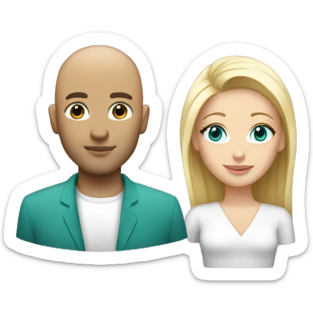 Couple. Male bald. Woman blonde. 35. Teal eyes.  sticker