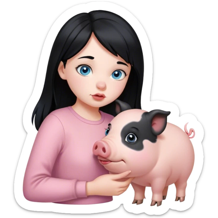  girl with blue eyes and black hair kissing her pet pig sticker
