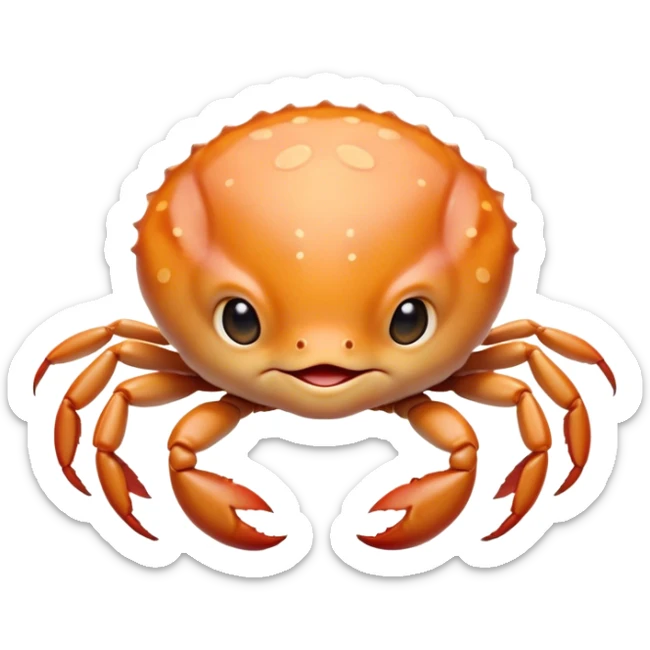 Cinematic Cute Baby Crab Portrait Emoji, Head tilted playfully and inquisitively, featuring an adorably small form with a delicately patterned carapace, round, sparkling eyes, and tiny, endearing pincers, Simplified yet irresistibly adorable features, highly detailed, glowing with a warm, friendly coastal glow, high shine, affectionate and lively, stylized with a touch of seaside whimsy, soft glowing outline, capturing the essence of a mischievous yet loving baby crab that seems as if it could pinch its way out of the screen into your arms! sticker