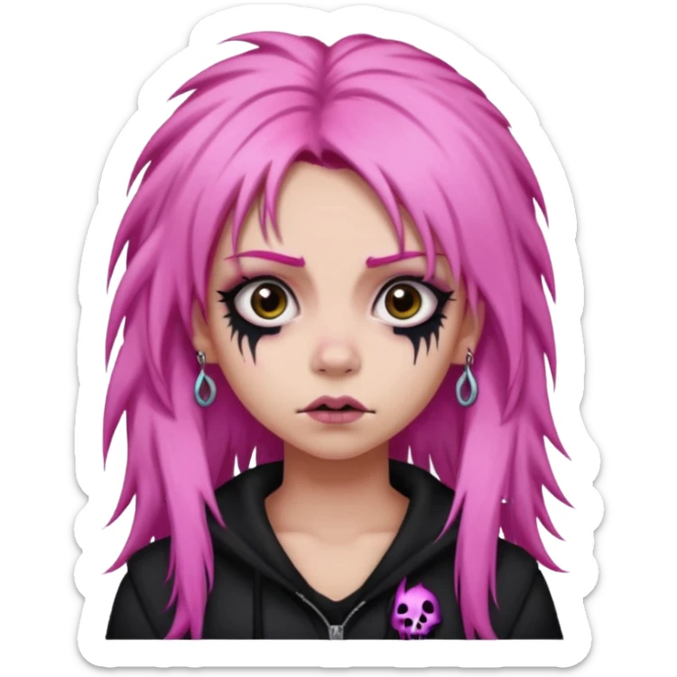 girl,lightsinvampire, pink hair, very longhair , shaggy, dark, spooky,double eyebrow dermal piercing, creepy expression sticker