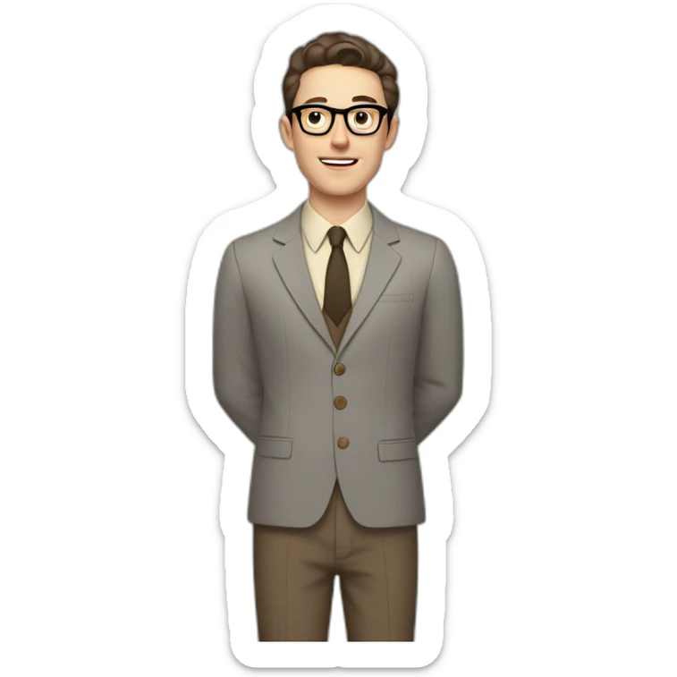 Full height Pale skinned Fit Man With dark brown hair in gray jacket, beige office shirt, tie, Brown pants and vintage glasses. Thrumbs of his palms directed up sticker