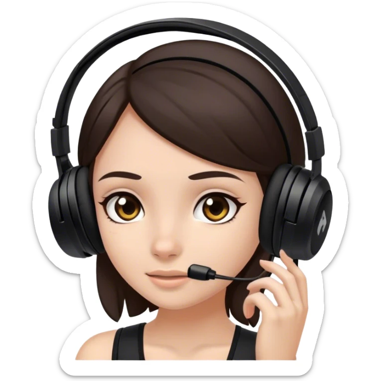 girl with dark brown hair and a black gaming headset with a foot in her face sticker