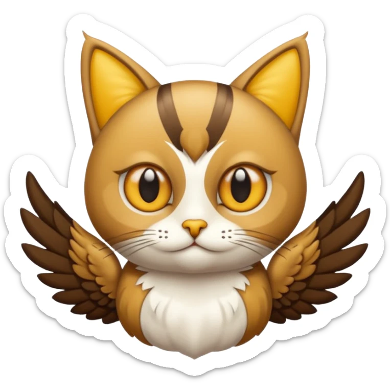 crea un gato con alas de búho con pelaje color cafe y blanco sticker