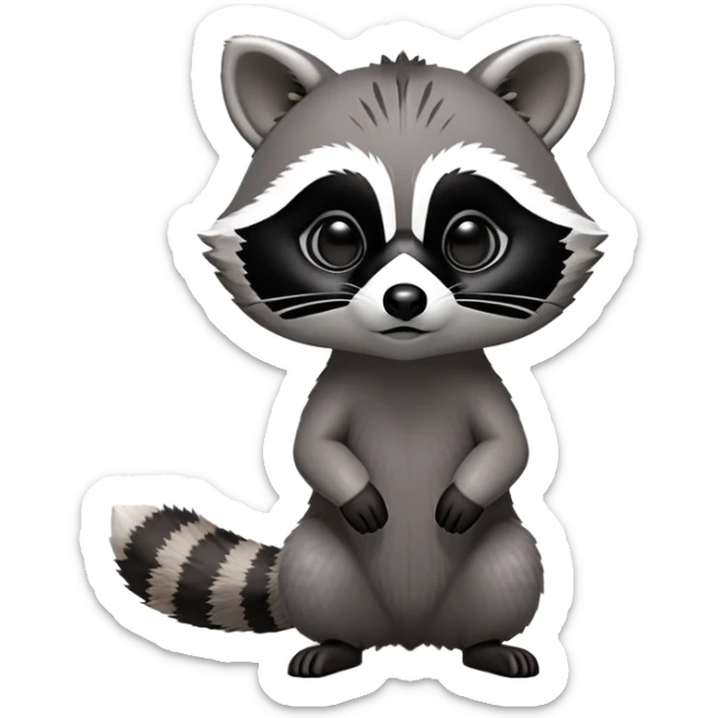 Cinematic-cute Raccoon-Realistic-hunched Full-Body on all fours-Emoji – Tail flicking lazily, head tilted dramatically, thick grey fur with a signature black mask, sharp and alert ears, simplified yet realistic focused features, highly detailed, glowing with an almost sarcastic glow big black eyes realistic body sticker