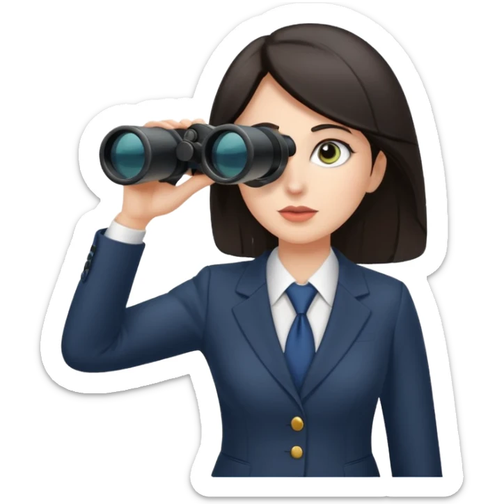 a white woman with dark hair in a business attire looking into binoculars sticker