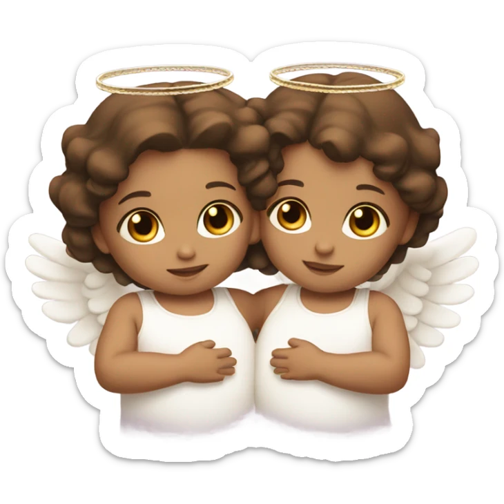 2 twin baby girls with brown hair with a halo and angel wings sticker