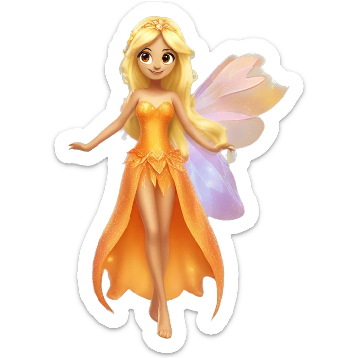 Stella adult latina fairy of nature in her enchantix fairy orange clothing and fairy enchantix wings and long blonde hair from winx club. Small eyes, Lots of sparkles and fairydust. Full body and full fairy bliss sticker