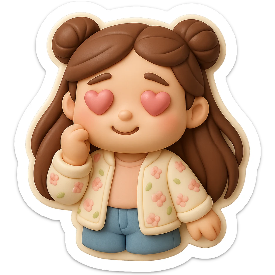 Create a 3D chibi fondant cake art style image with high-quality rendering, smooth shadows, and soft gradients. The girl should be based on the reference image, preserving facial features, with long brown hair in two space buns, brown eyes, jeans, and a pastel floral cardigan. Add a thick white outline like a sticker and make the background transparent. She is in love, with soft pink hearts in her eyes. sticker