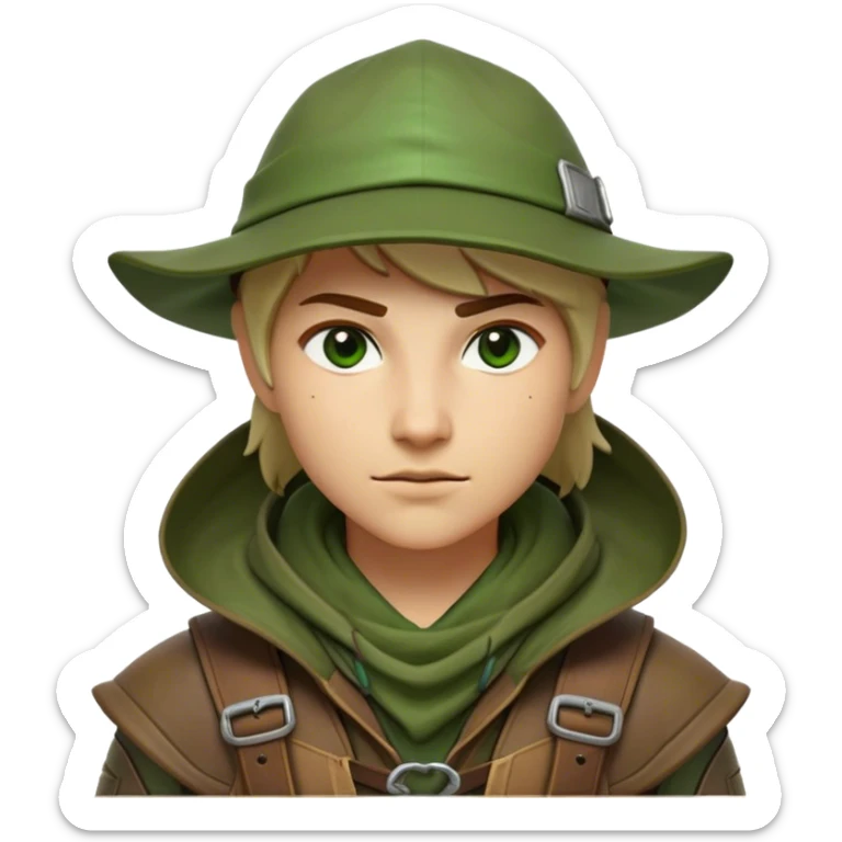 Clash of Clans aesthetic friendly Ranger Portrait Emoji, With a lean, agile build clad in earth-toned leather and green accents, a keen, focused gaze and a weathered hood shadowing determined eyes, his face rendered in a natural skin tone (not yellow), Simplified yet sharply defined features, highly detailed, glowing with a soft, natural woodland radiance, high shine, intelligent and resolute, stylized with an air of forest guardian authority, focused and alert, soft glowing outline, capturing the essence of a confident ranger ready to defend the wild with stealth and valor! sticker
