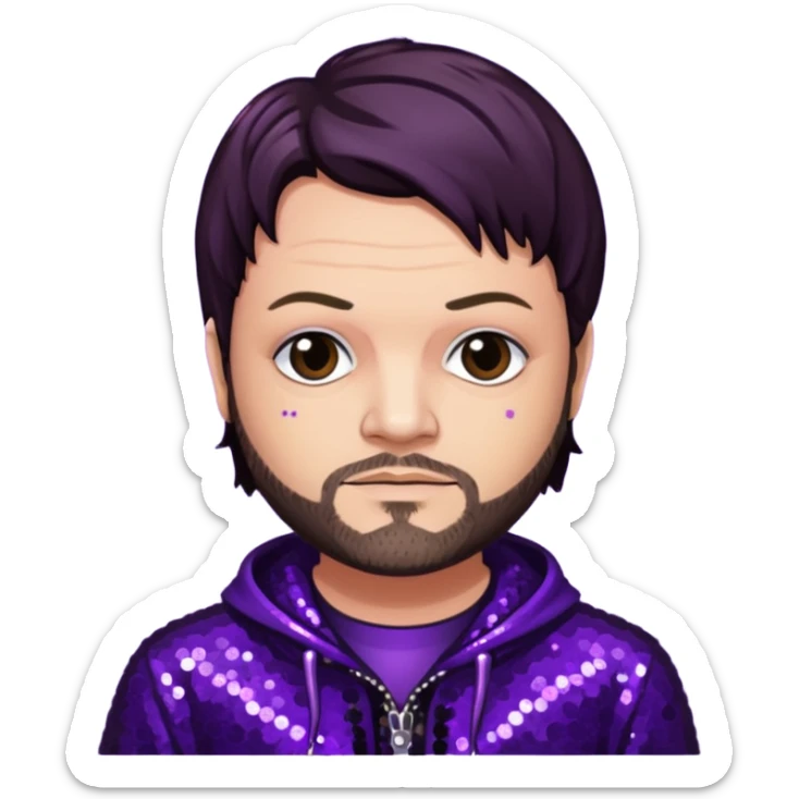 Bam Margera with dark brown hair, dark purple sequin outfit sticker