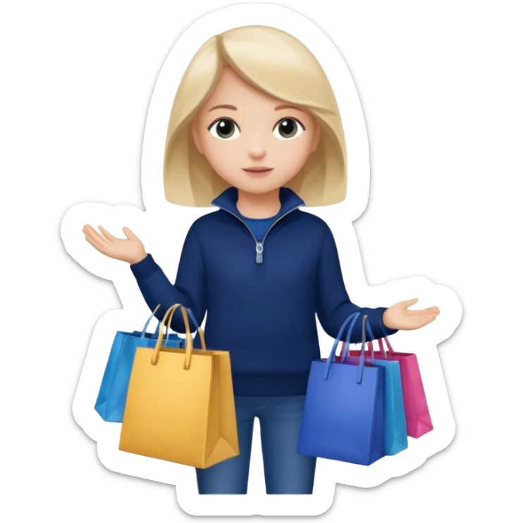 A little girl (he usually calls her baby), who is obsessed with shopping and luxury brands and holds a dozen of bags, she wears navy blue half zip sweater and holds 10 bags sticker