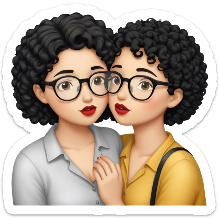 a lesbian couple kissing, one wearing glasses and short black curly hair, the other with long hair  sticker