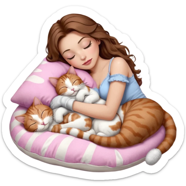 girl with long wavy brown hair, brown eyes, long lashes makeup, sexy pink lips, light to medium complexion,  sleeping on a cozy pillow, with 6 cats: 1 brown and white tabby cat, 1 ginger and white, 2 grey and white, 1 grey with white mittens and small white patch on chest and 1 calico, sleeping sticker