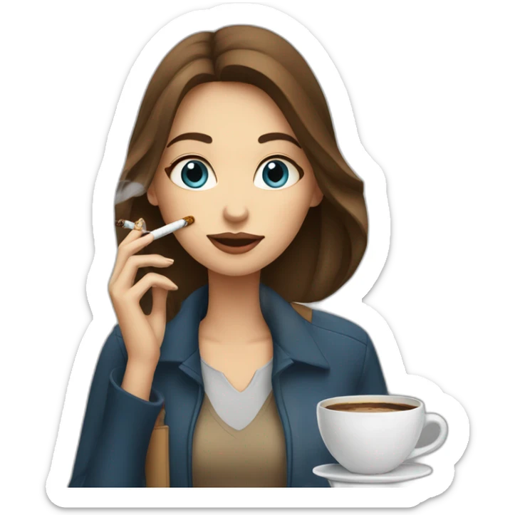 A girl (brown hair blue eyes) smoking a sigaret and having coffee sticker