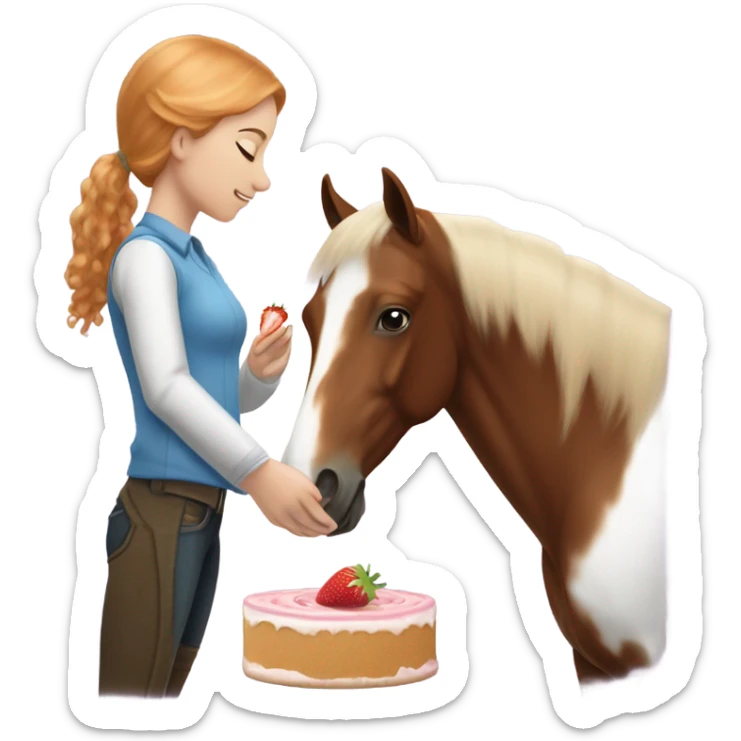 White teen girl with strawberry blonde hair giving a treat to a brown and white paint horse sticker