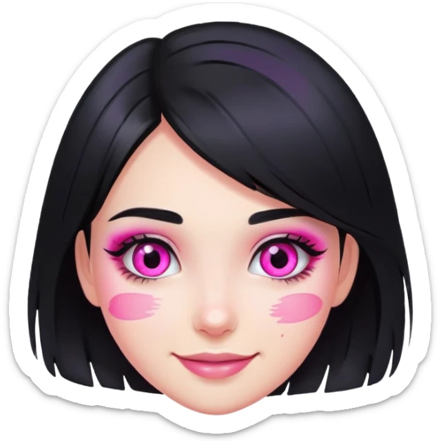 smiling girl with black hair and pink eye makeup smudged, no glitter sticker
