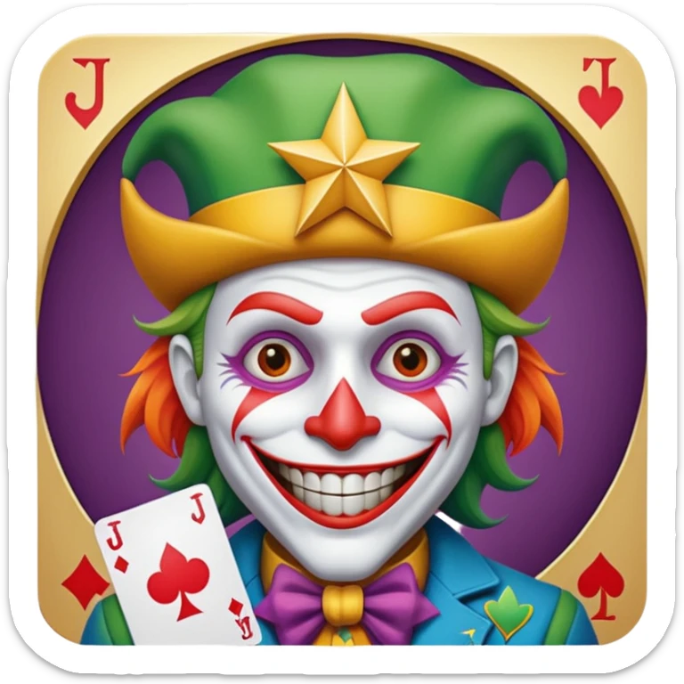 1 poker card, perfectly squared card, with crazy colorful human jolly joker inside, star symbol with a "J" sticker
