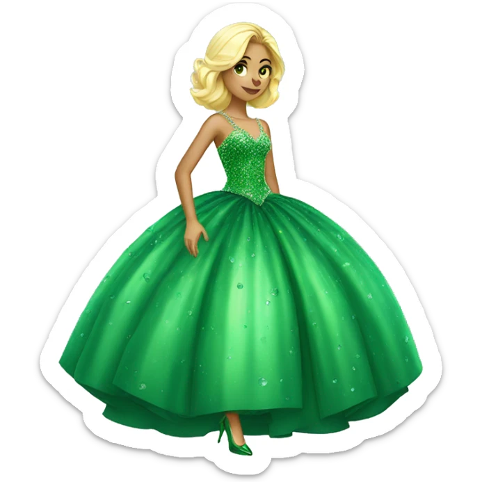 Swedish girl in the biggest ball gown with green crystals and high heels sticker