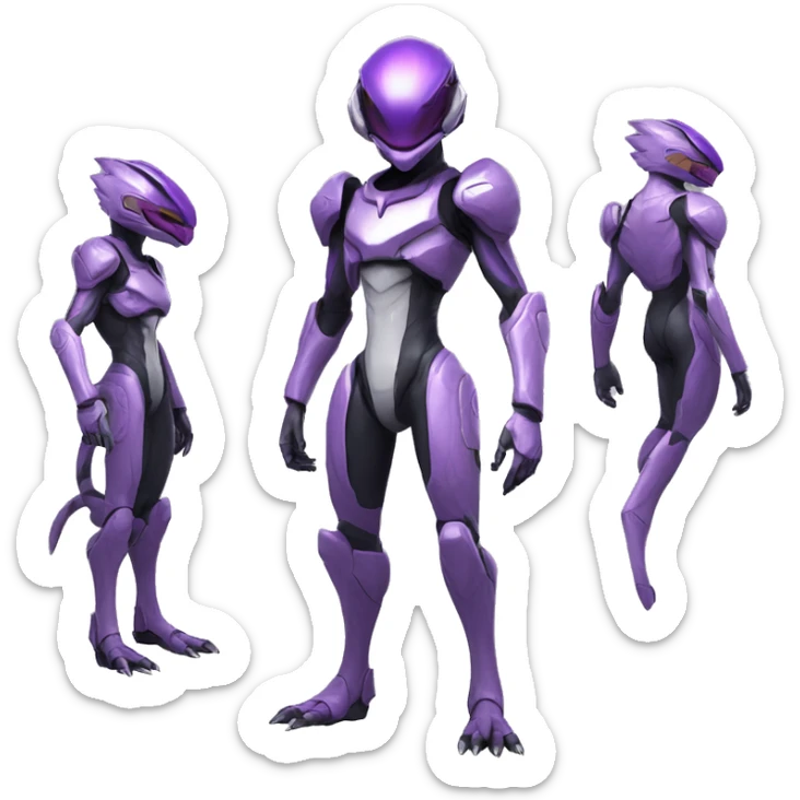 A Reptile-Raptor-Genesect-Mewtwo-Fakémon, with a futuristic visor-helmet, wearing a techwear-suit Full Body sticker