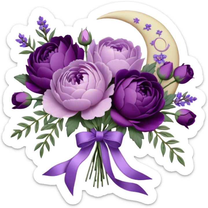 A vintage bouquet of lavender-hued peonies, deep violet roses, and soft lilac pansies, tied together with a silk ribbon in shades of plum and amethyst, rests beneath the glow of a crescent moon. Scattered around are tiny embroidered hearts on a delicate lace handkerchief, while the scent of dried lavender lingers in the cool evening air. sticker